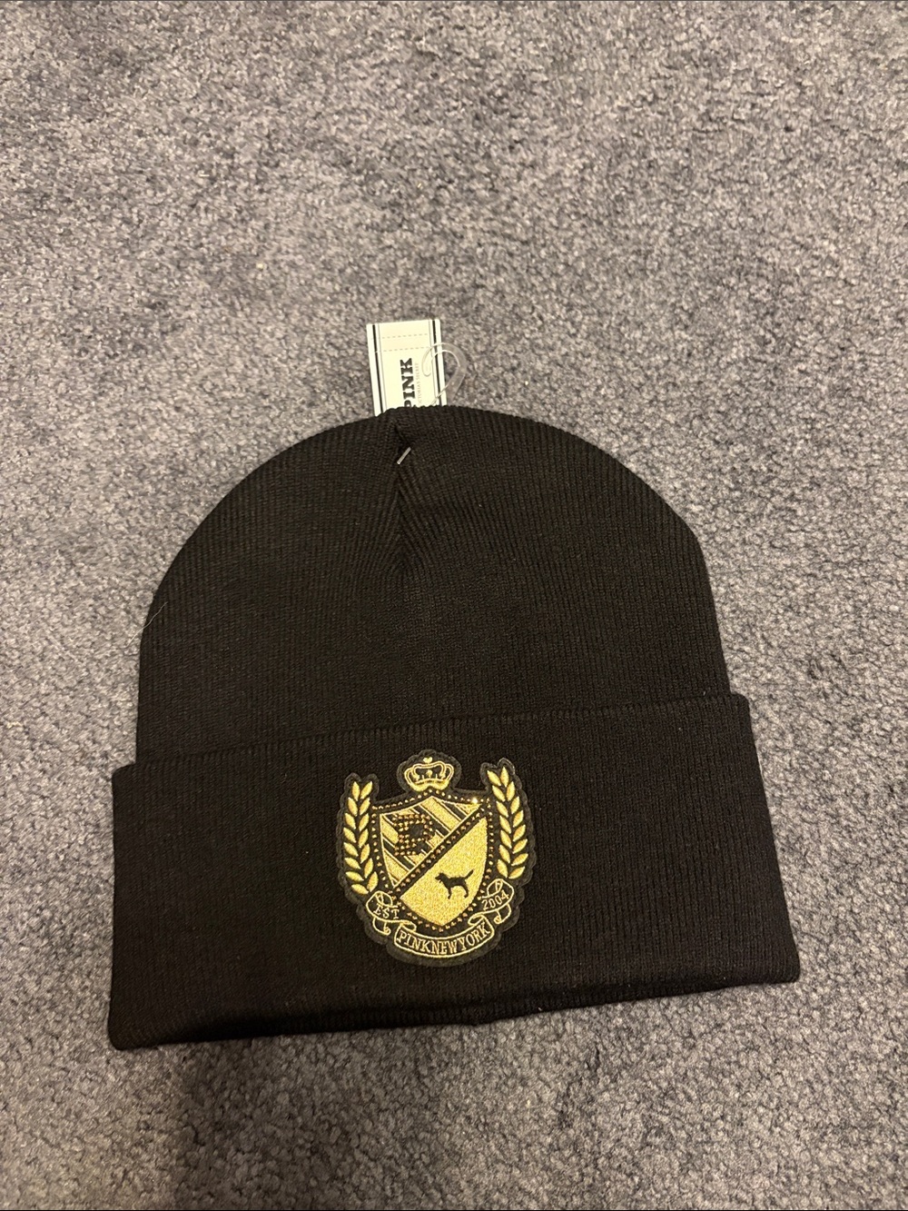 PINK Victoria's Secret Black Beanie with Gold Crest Patch